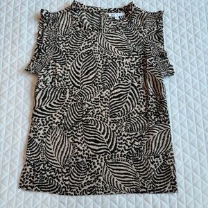 DR2 Womens Top Size Small Beige Black Abstract Leaf Print Art To Wear Tribal NEW